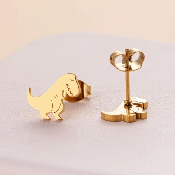 NEW Dainty Dinosaur stud Earrings Stainless Steel Gold color T Rex - Boutique - Picture 2 of 4